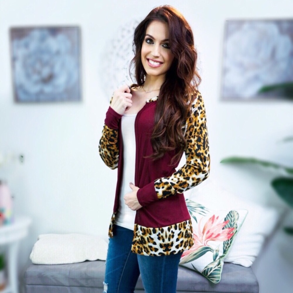 REDUCED Burgundy Cardigan Leopard Print Sleeve - Picture 4 of 5